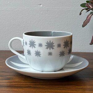 DAVIDs TEA Grey Flower Starburst Teacup and Saucer Set Ceramic Modern White Gray